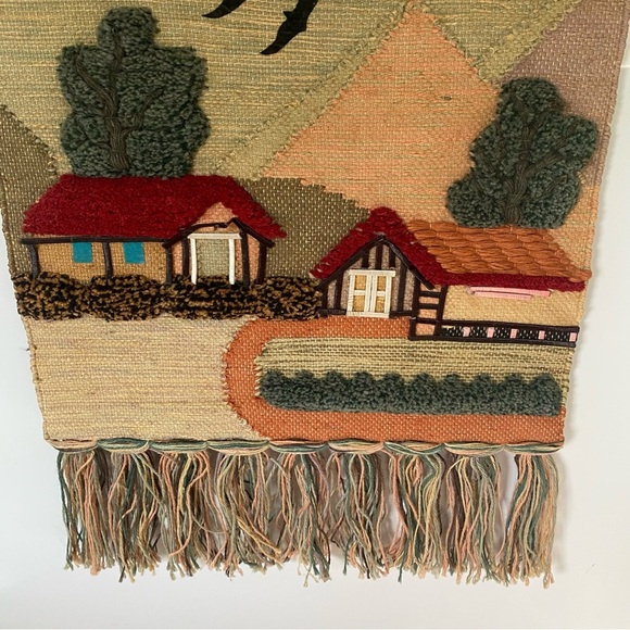 Vintage Handmade Rustic Boho Charming Village Scene Tapestry with Fringe - Picture 3 of 15